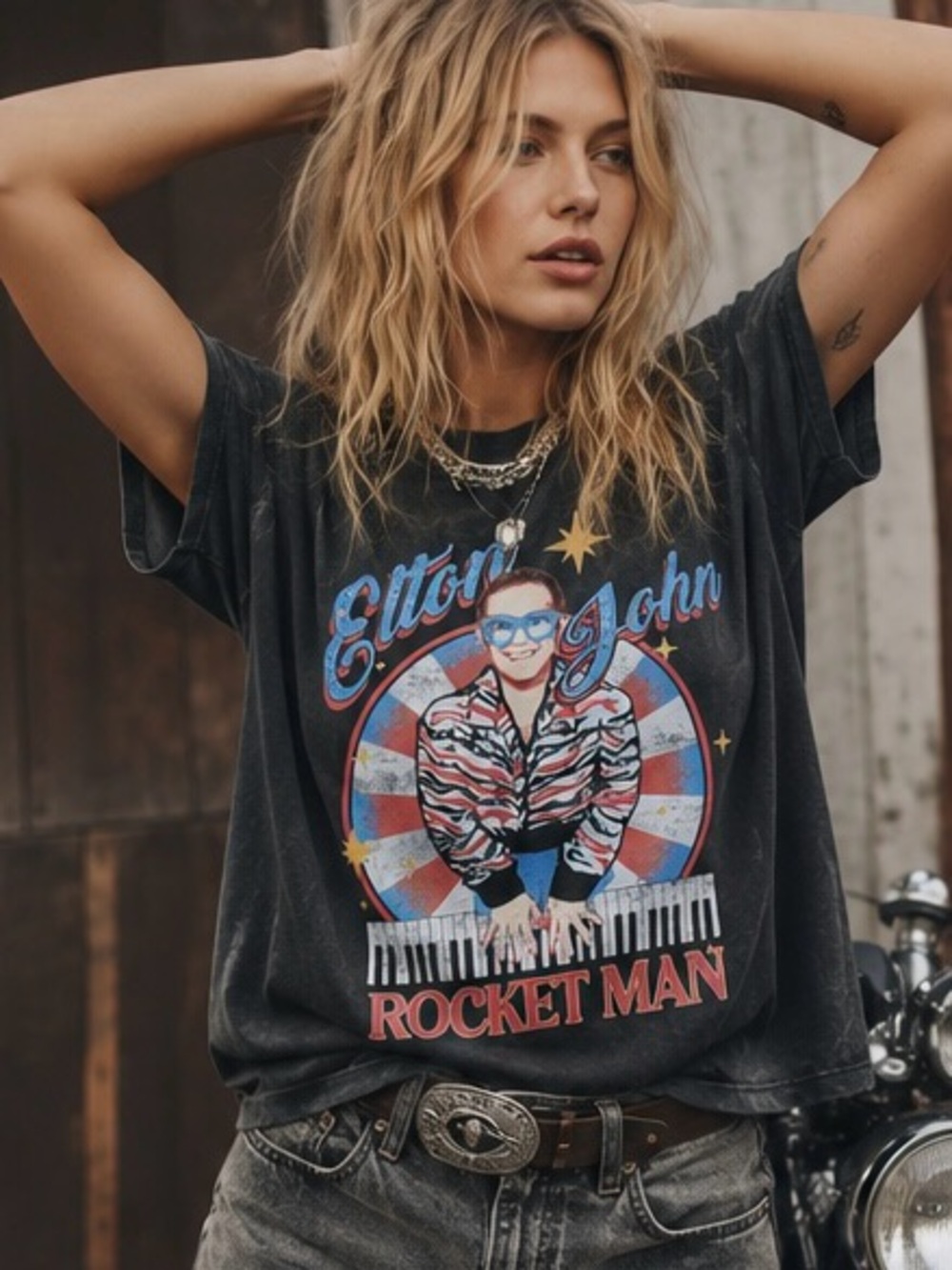 ✨NWT | Elton John Rocket Man Graphic Band Tee Black Vintage Wash 100% Cotton | L